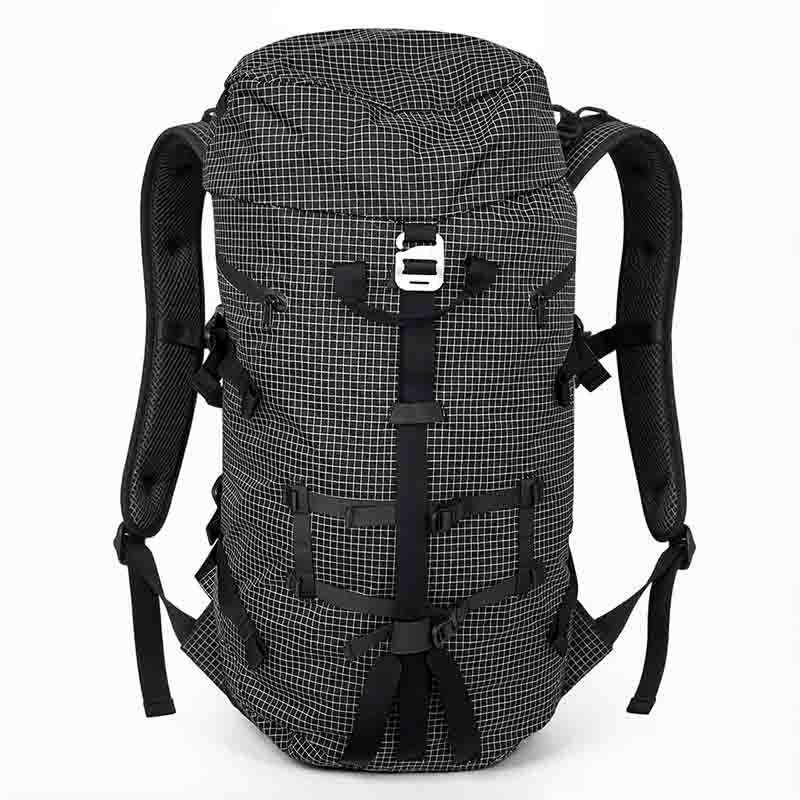 Front profile of the Lightweight Waterproof Hiking Backpack 40L featuring 210D ripstop grid pattern and structural G-hook retention hardware