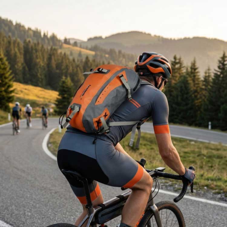 waterproof cycling backpack with floating ventilated back worn riding