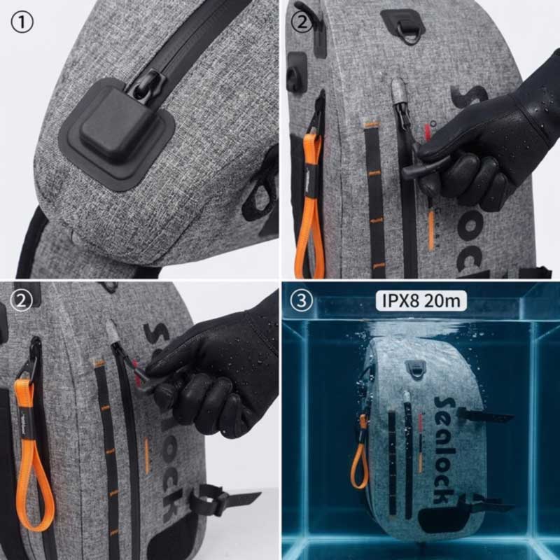 Airtight zipper with moulded end cap, glove-operated assist cord, and full immersion testing on a fishing sling rated to 20 m